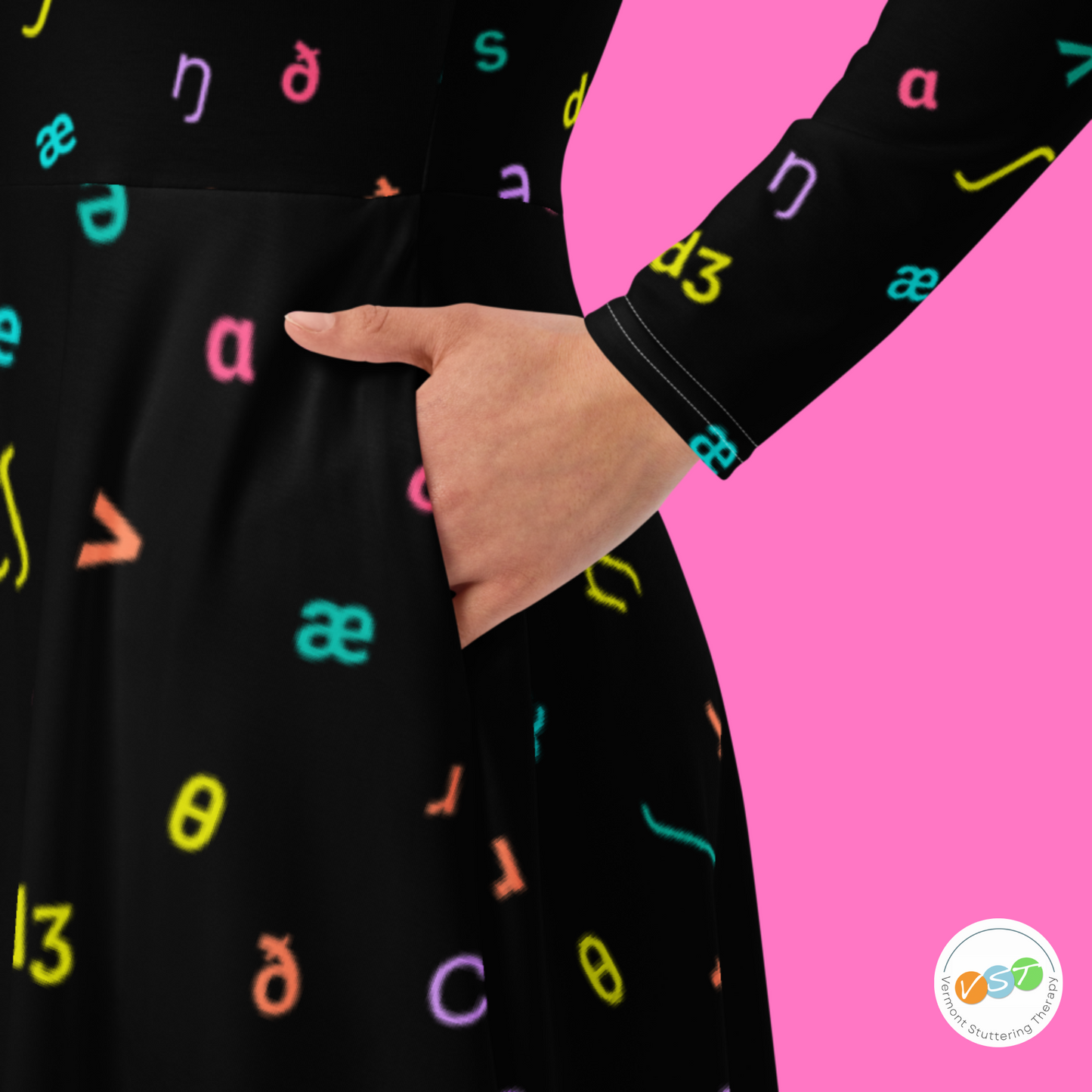 IPA Phonetic Symbol Long Sleeve Midi Dress - Black