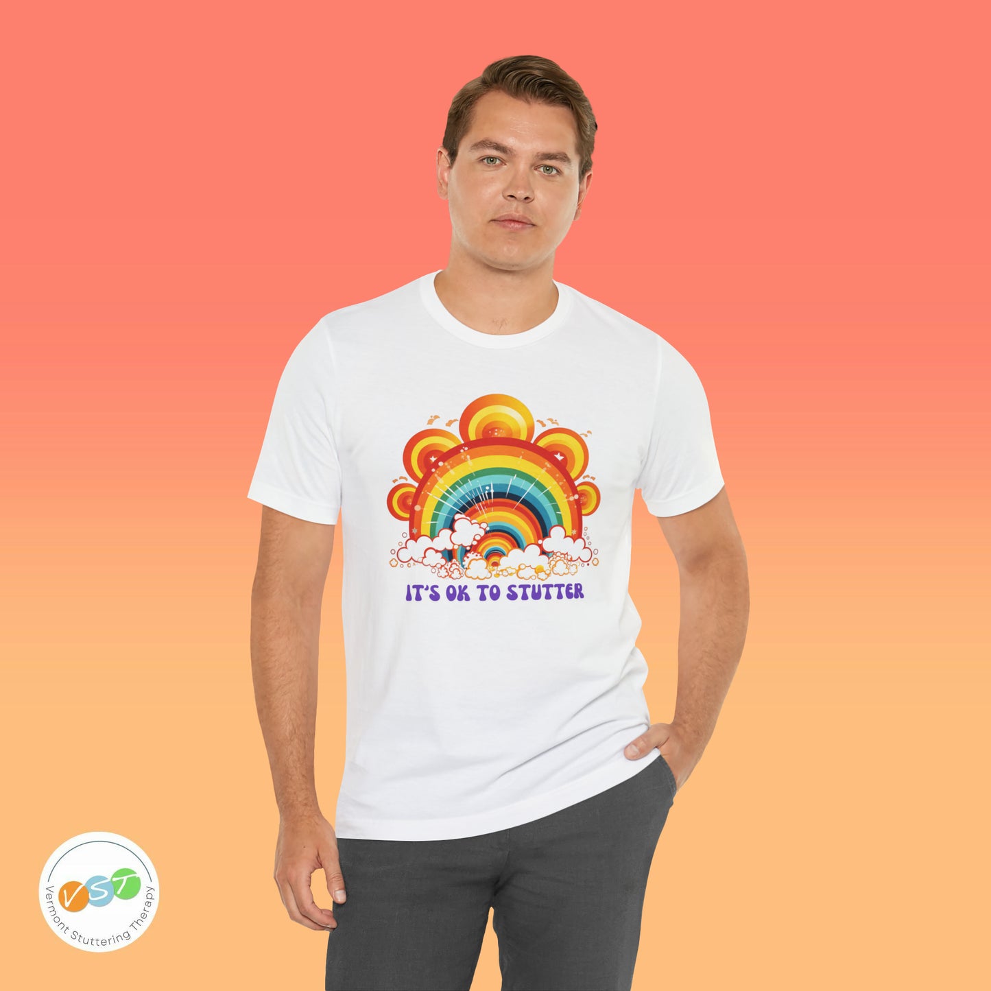 It's OK to Stutter 70s Groovy Rainbow T-shirt