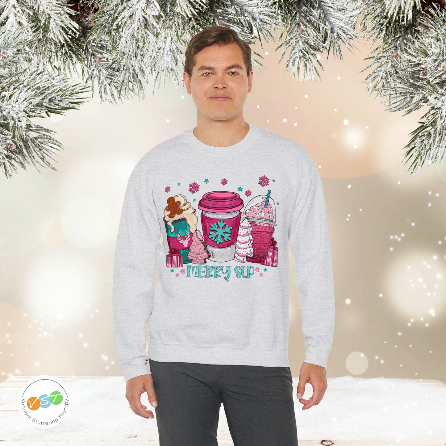 Merry SLP Pink and Blue Coffee Cup Christmas Sweatshirt