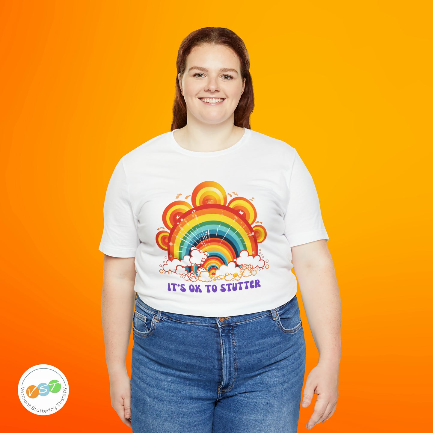 It's OK to Stutter 70s Groovy Rainbow T-shirt
