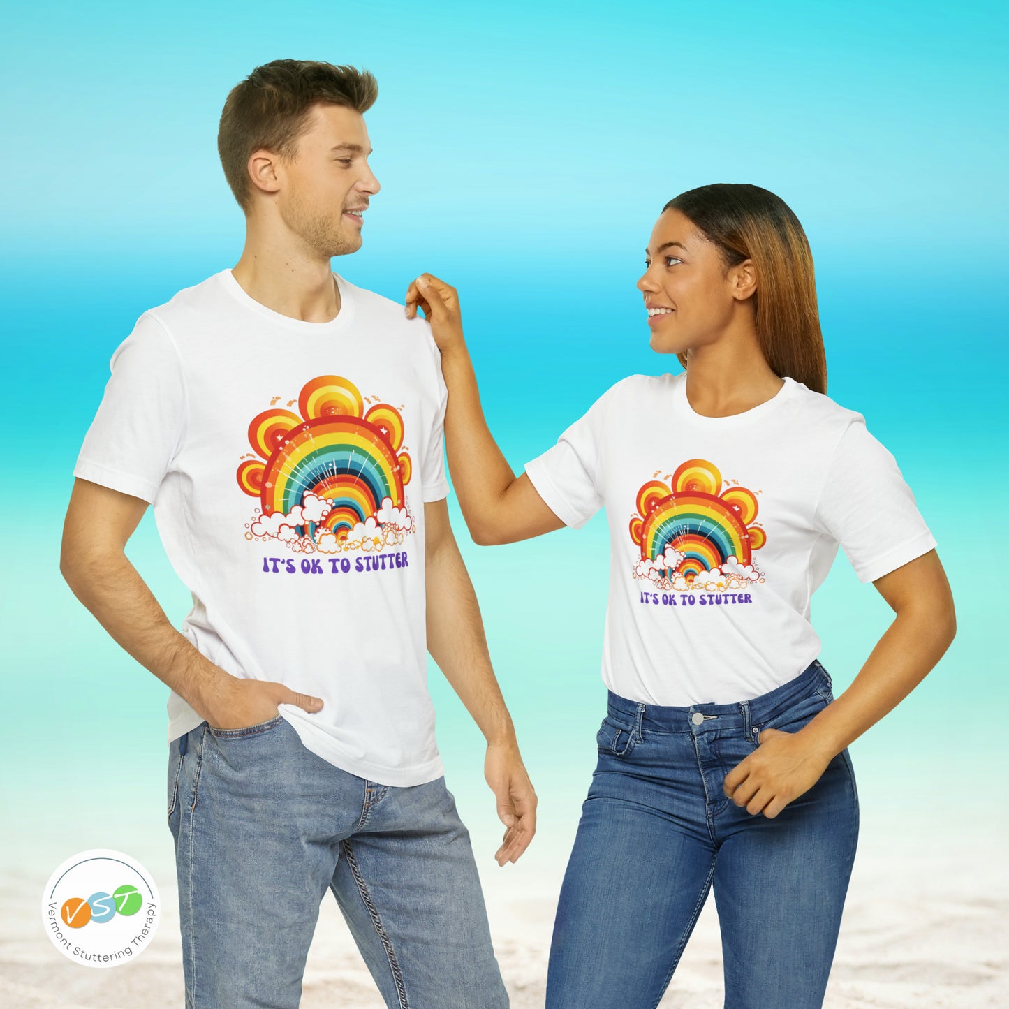 It's OK to Stutter 70s Groovy Rainbow T-shirt
