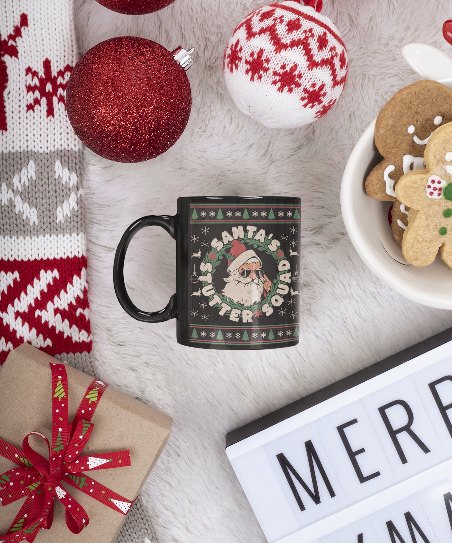Santa's Stutter Squad Ugly Christmas Black Coffee Mug, 11 oz