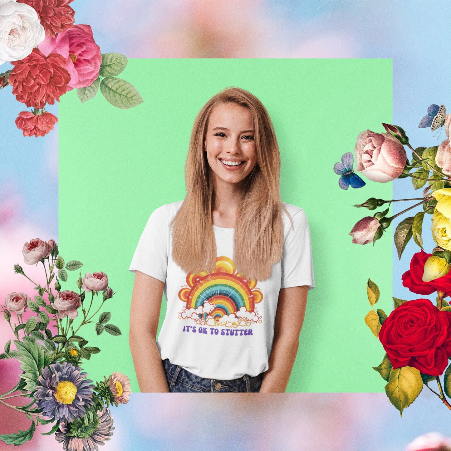 It's OK to Stutter 70s Groovy Rainbow T-shirt