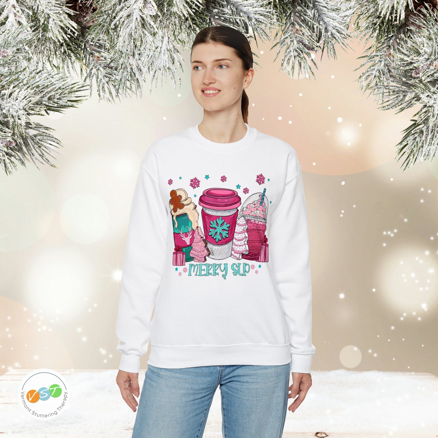 Merry SLP Pink and Blue Coffee Cup Christmas Sweatshirt