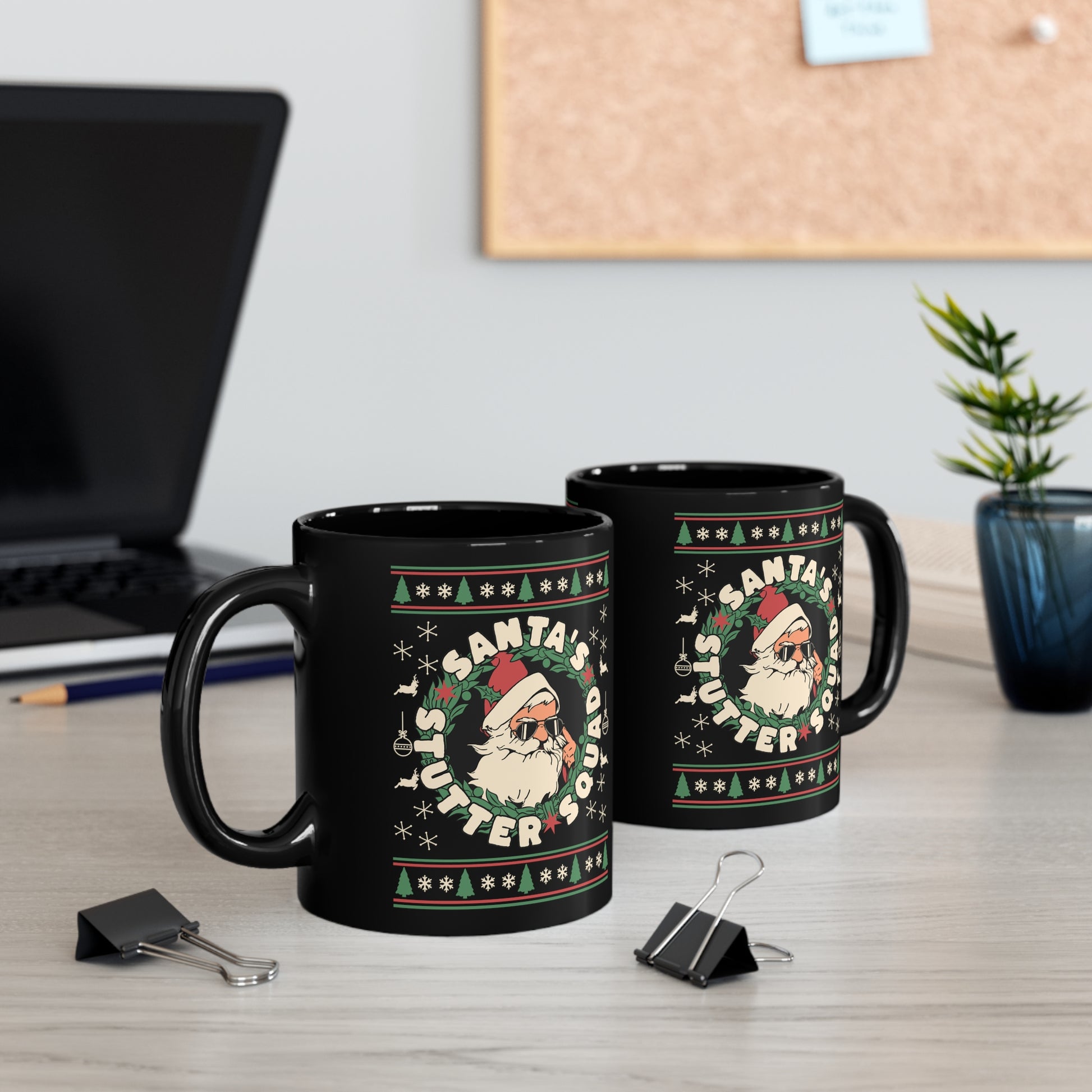 Santa's Stutter Squad Ugly Christmas Black Coffee Mug, 11 oz