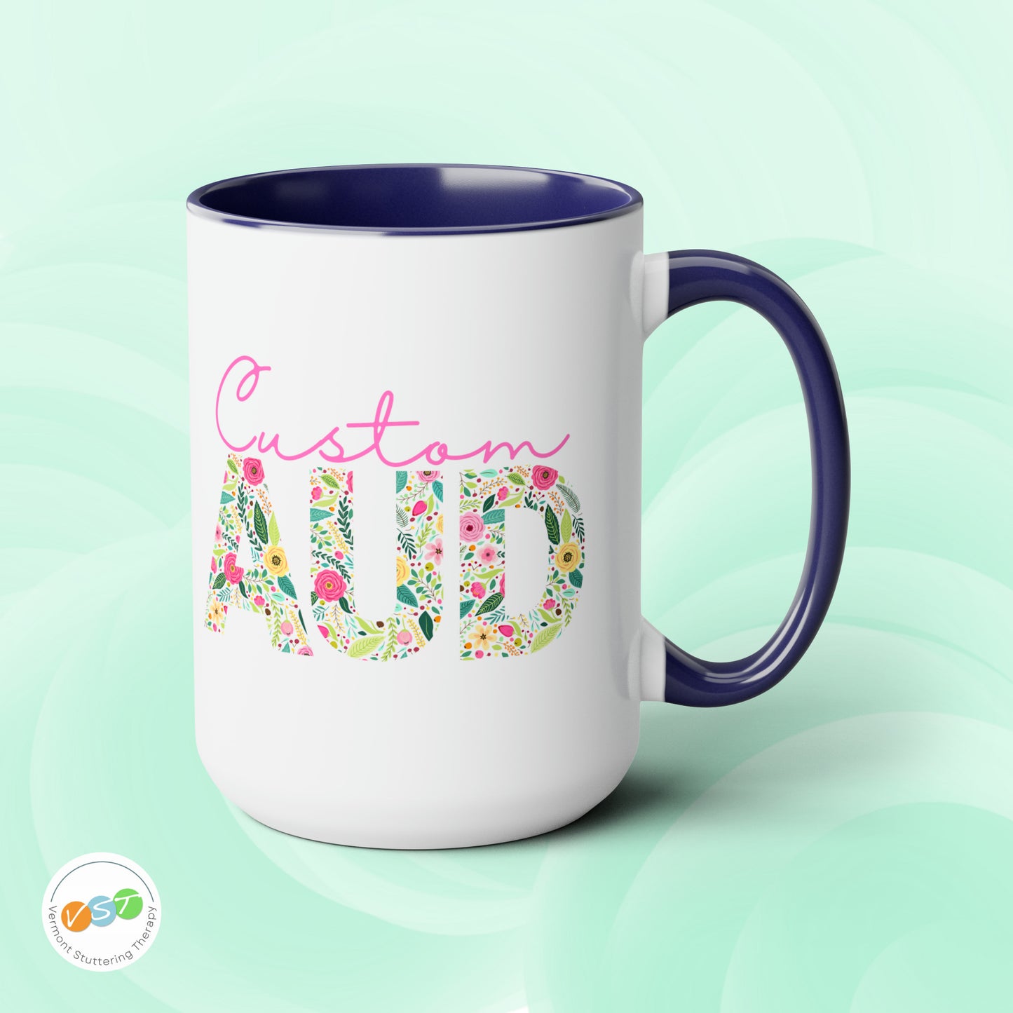 Custom Name Floral AUD Two-Tone Mug Gift, 15 oz.