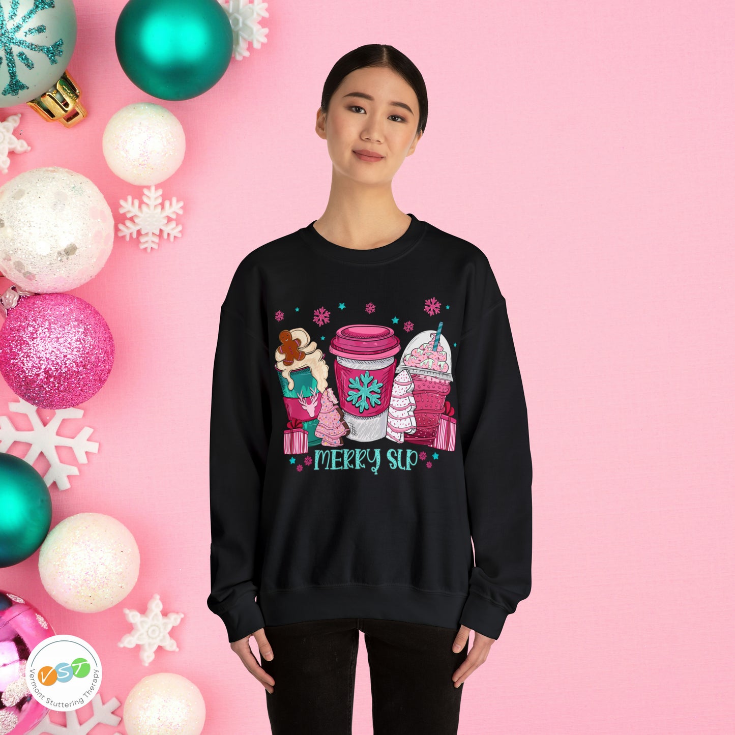 Merry SLP Pink and Blue Coffee Cup Christmas Sweatshirt