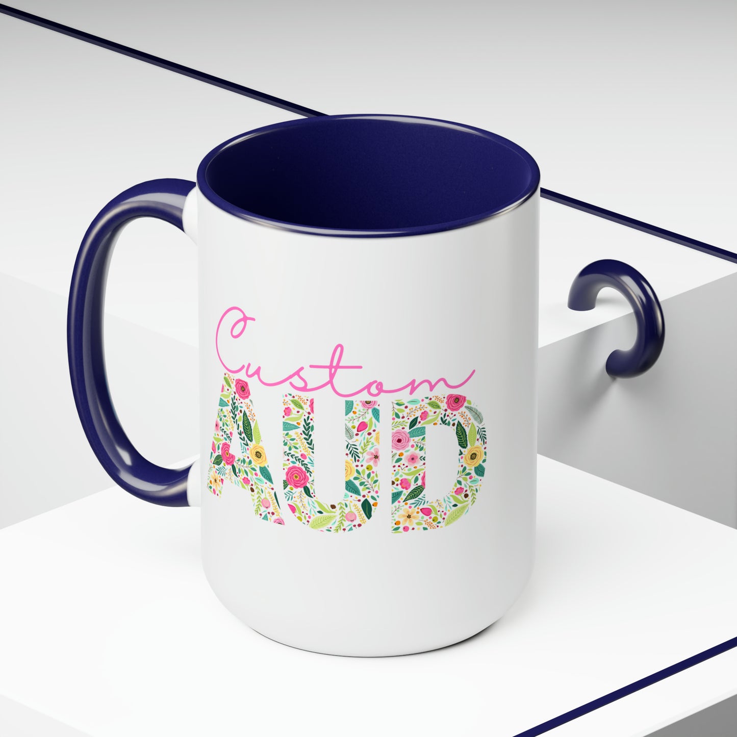 Custom Name Floral AUD Two-Tone Mug Gift, 15 oz.