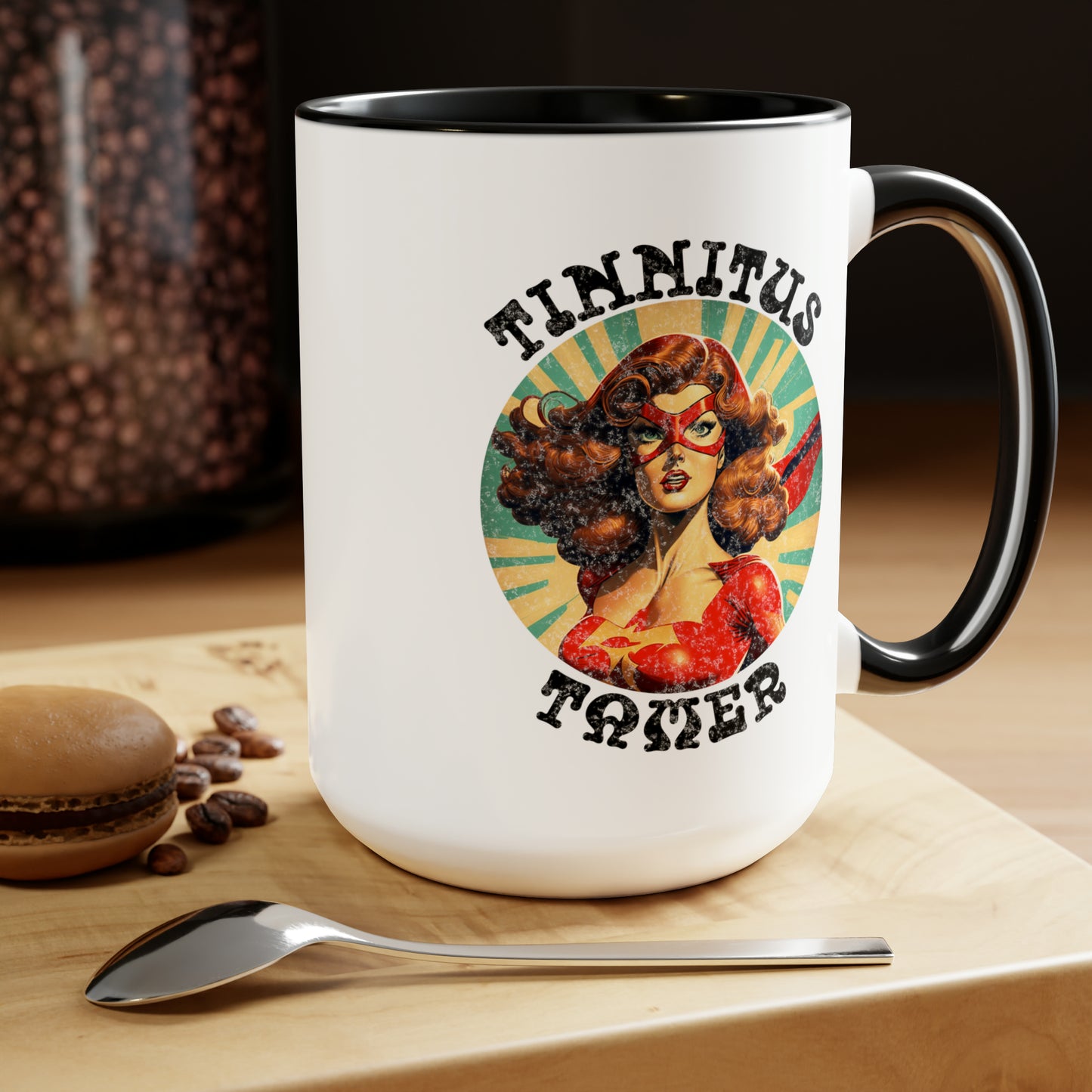 Tinnitus Tamer Pulp Art Superhero Audiologist Mug, 15 oz