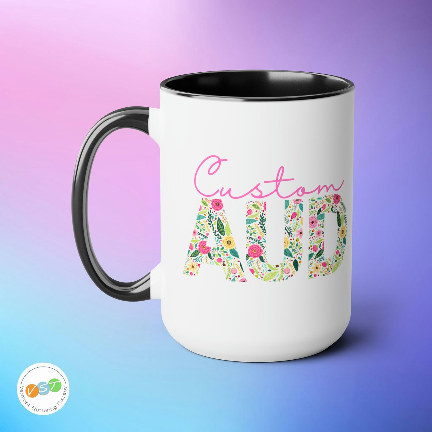 Custom Name Floral AUD Two-Tone Mug Gift, 15 oz.