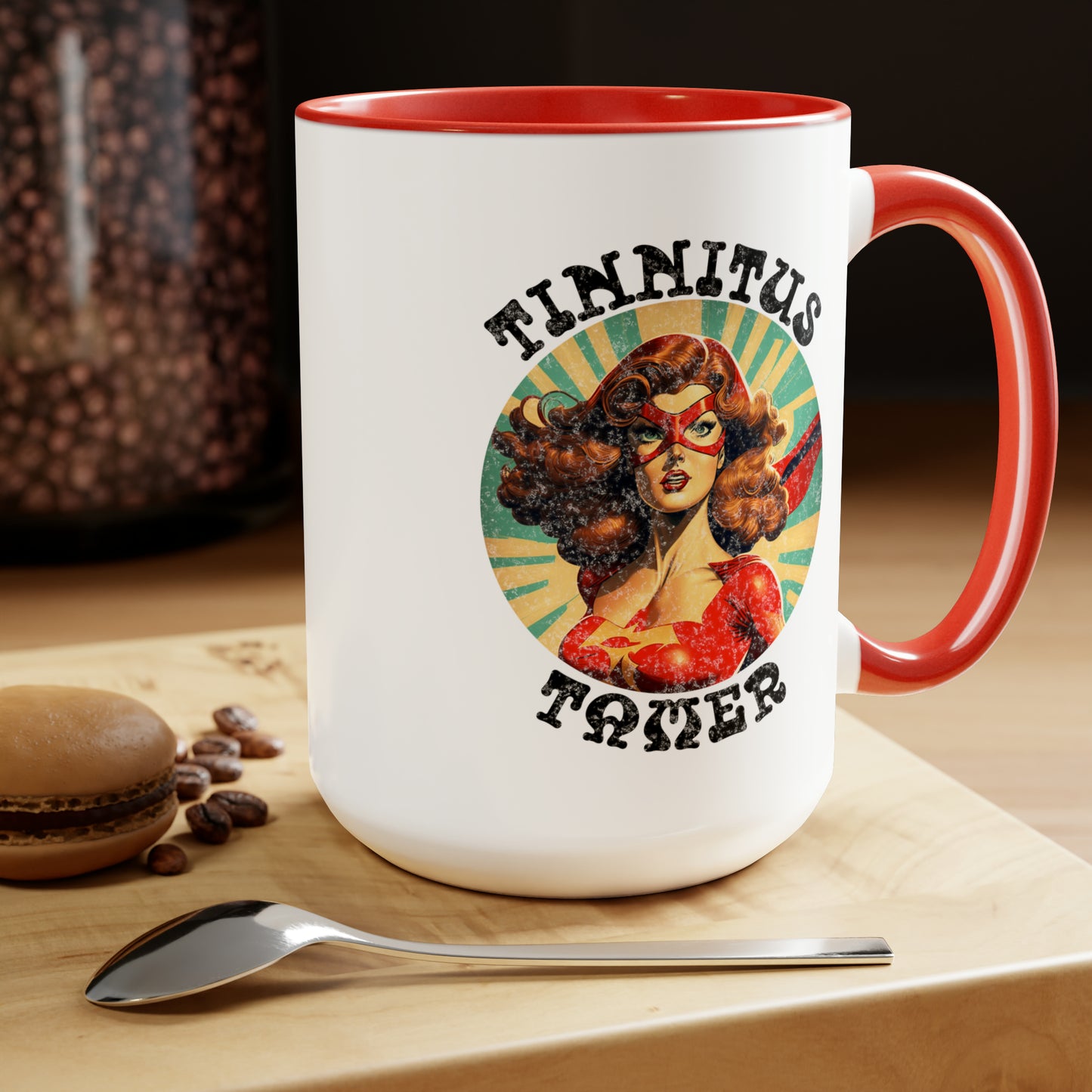 Tinnitus Tamer Pulp Art Superhero Audiologist Mug, 15 oz