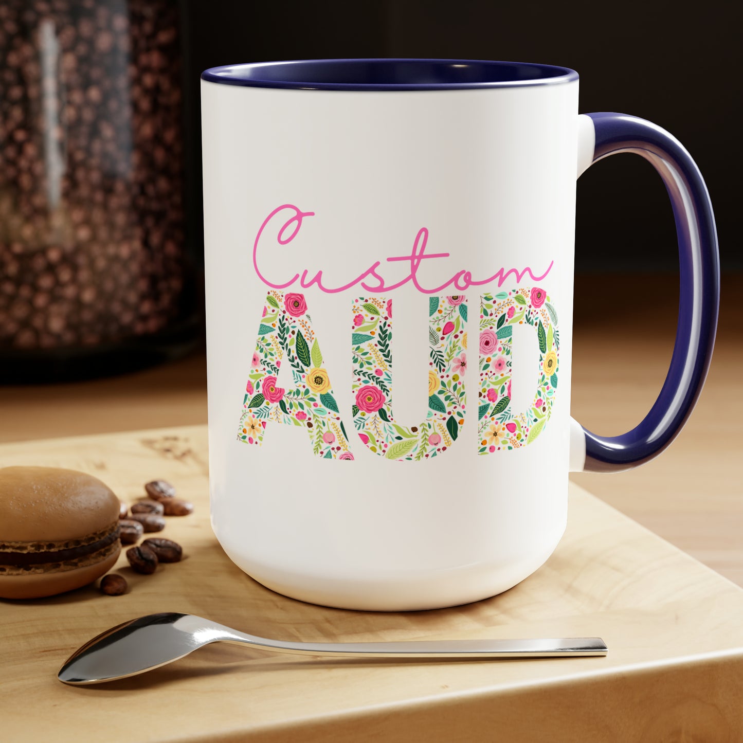 Custom Name Floral AUD Two-Tone Mug Gift, 15 oz.