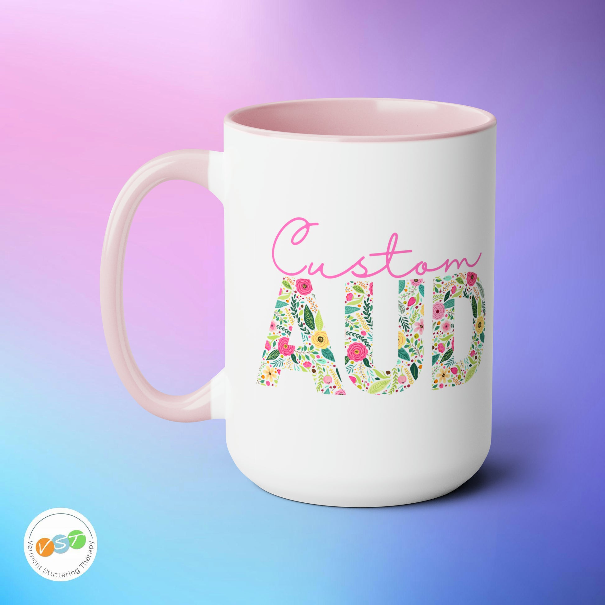 Custom Name Floral AUD Two-Tone Mug Gift, 15 oz.