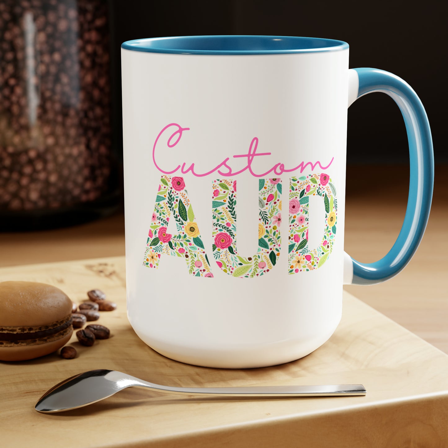 Custom Name Floral AUD Two-Tone Mug Gift, 15 oz.