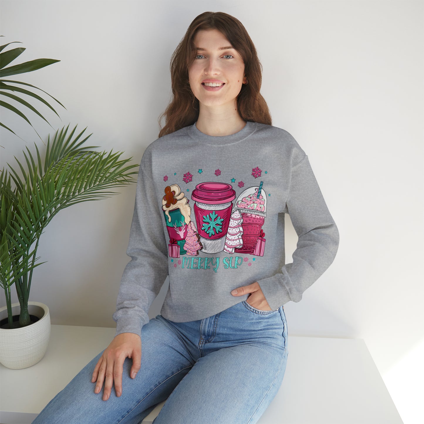 Merry SLP Pink and Blue Coffee Cup Christmas Sweatshirt