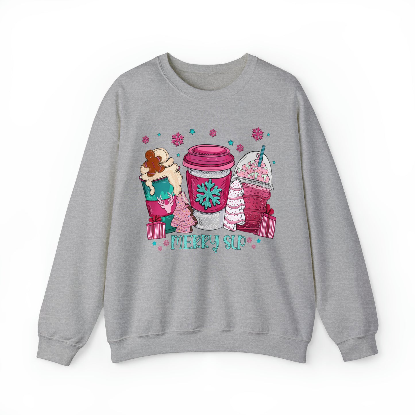 Merry SLP Pink and Blue Coffee Cup Christmas Sweatshirt