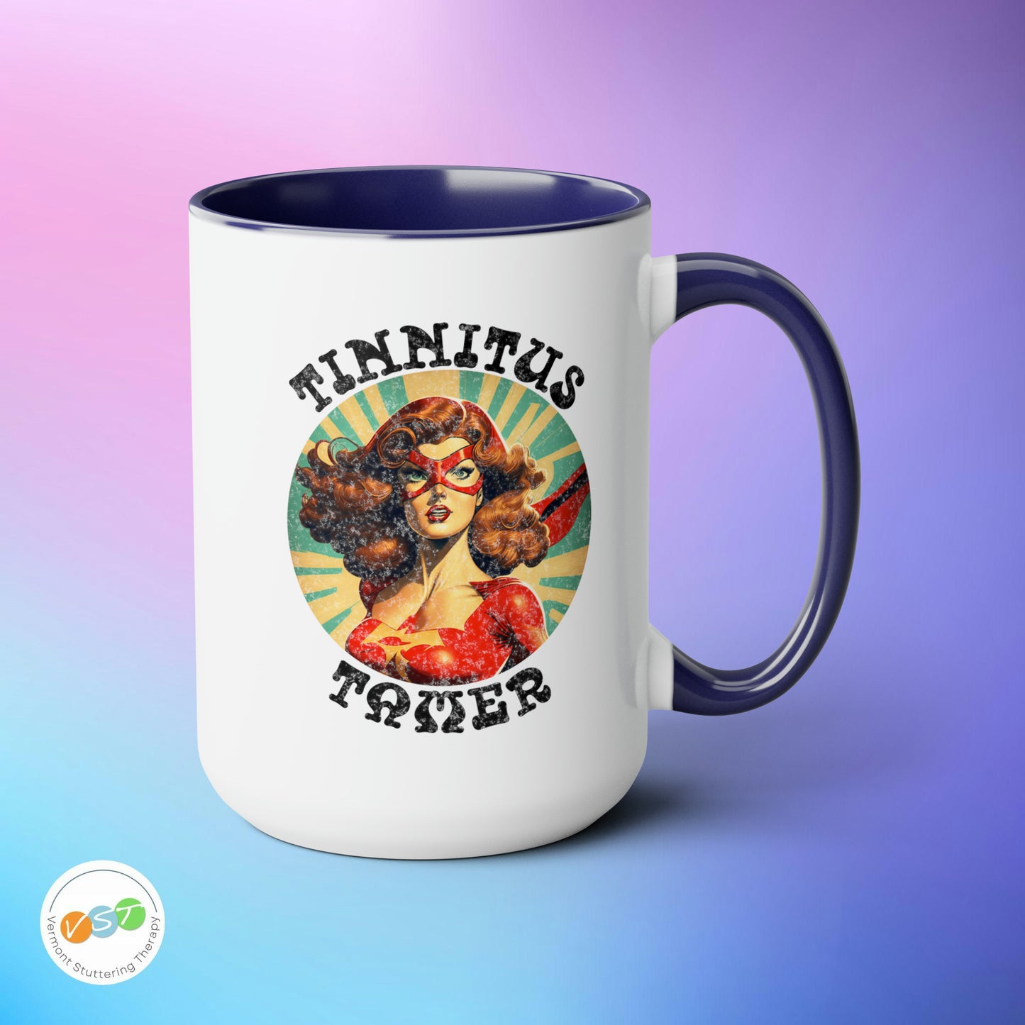 Tinnitus Tamer Pulp Art Superhero Audiologist Mug, 15 oz