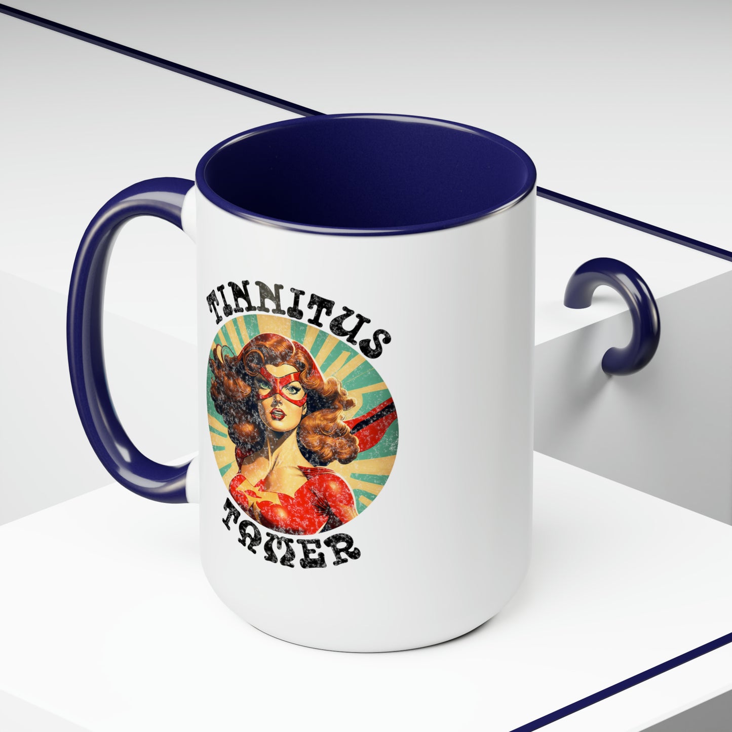 Tinnitus Tamer Pulp Art Superhero Audiologist Mug, 15 oz