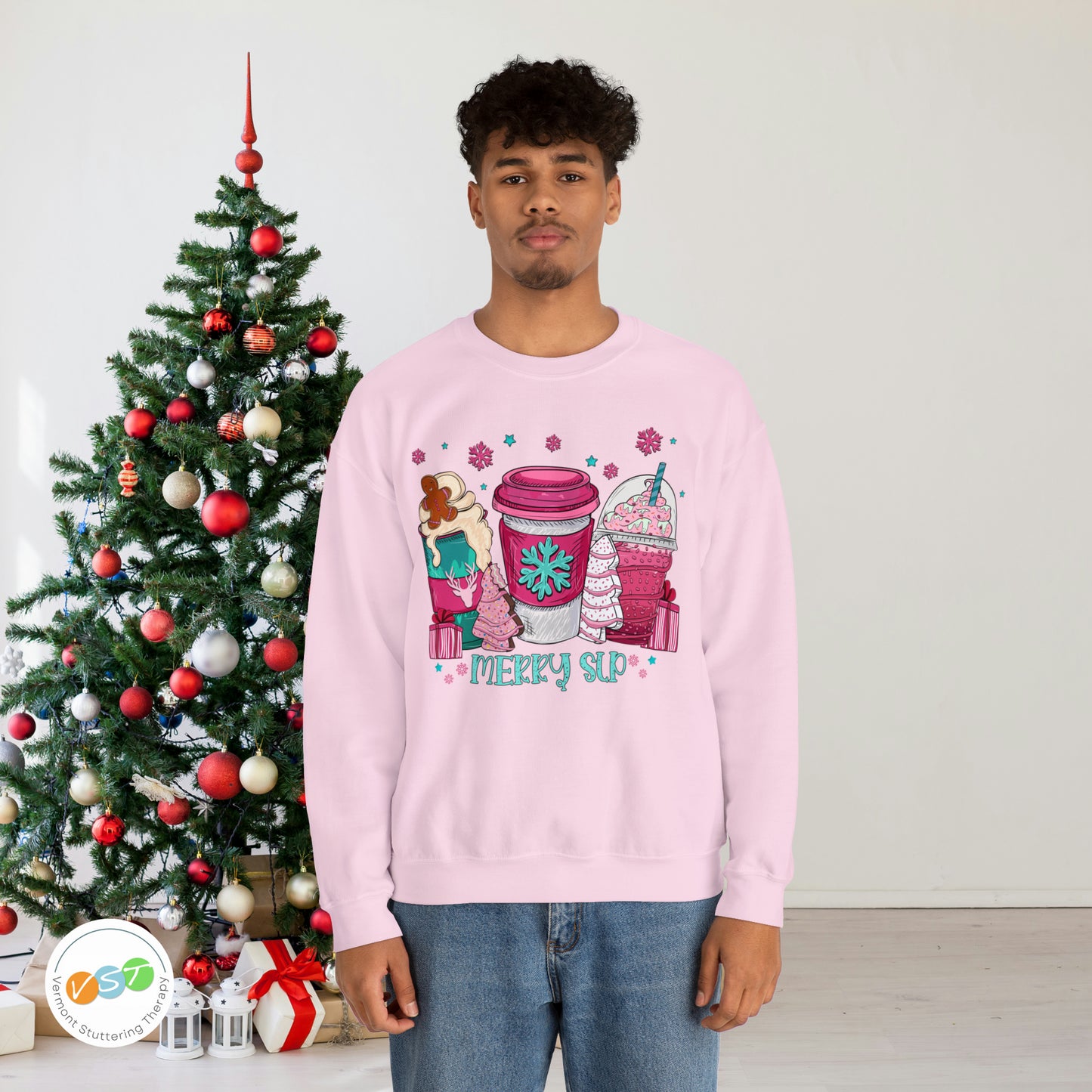 Merry SLP Pink and Blue Coffee Cup Christmas Sweatshirt