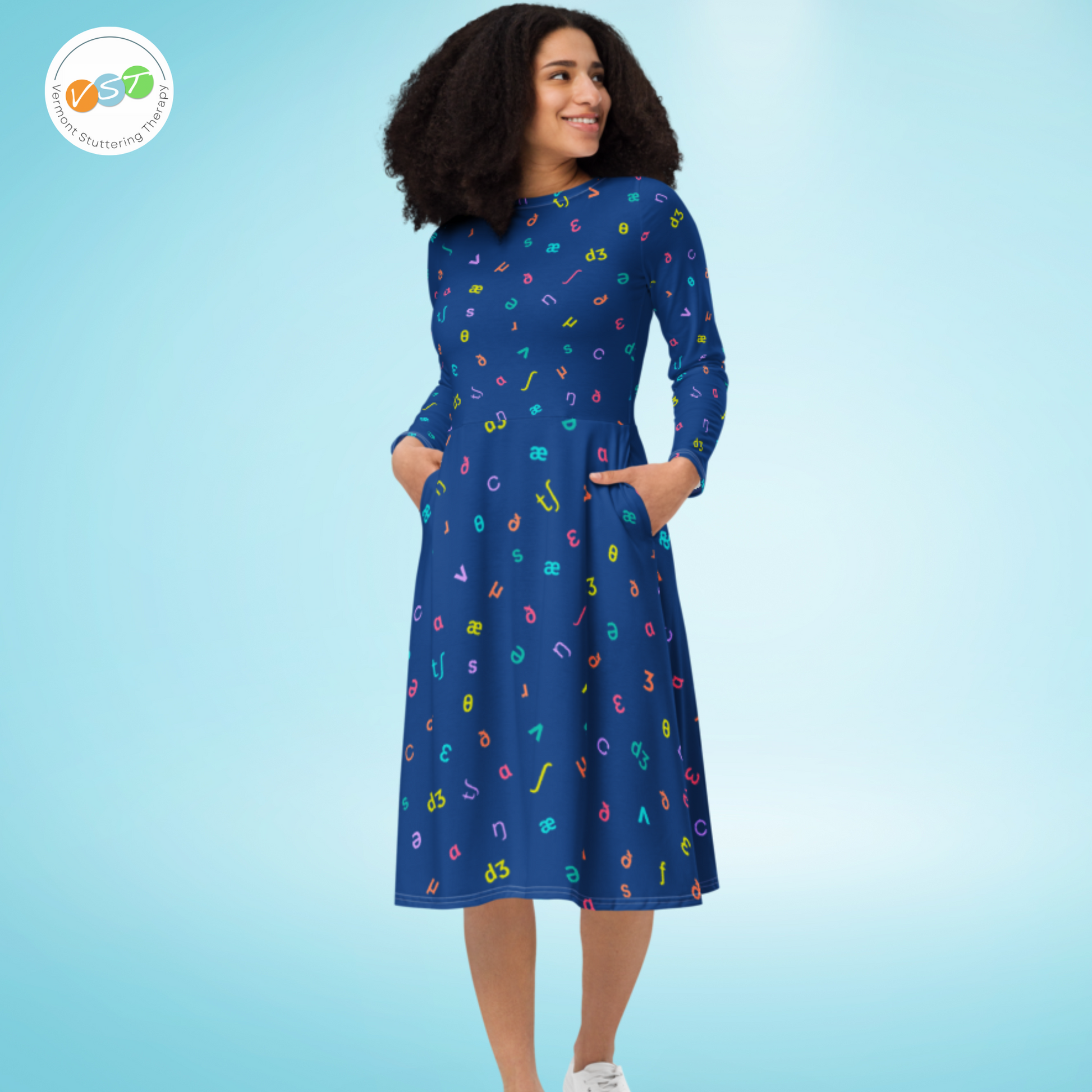 IPA Phonetic Symbol Long Sleeve Midi Dress - Blue