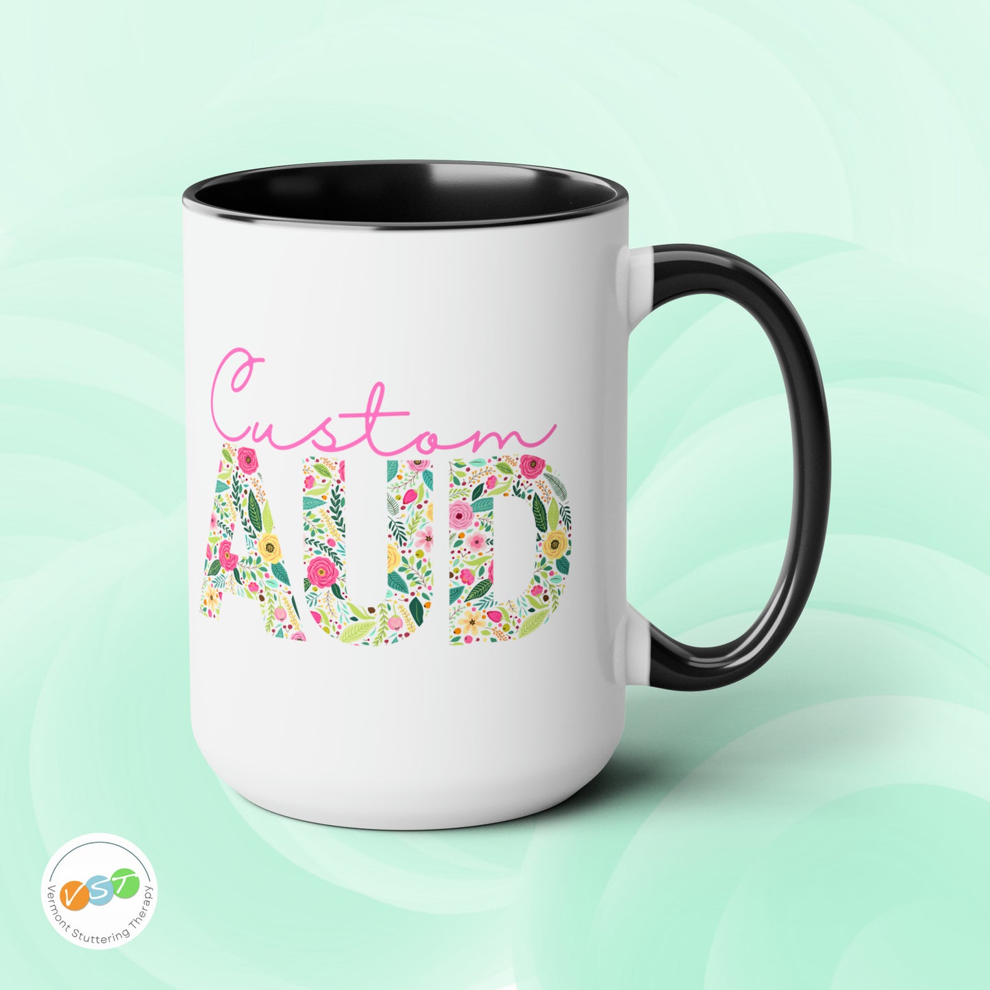 Custom Name Floral AUD Two-Tone Mug Gift, 15 oz.