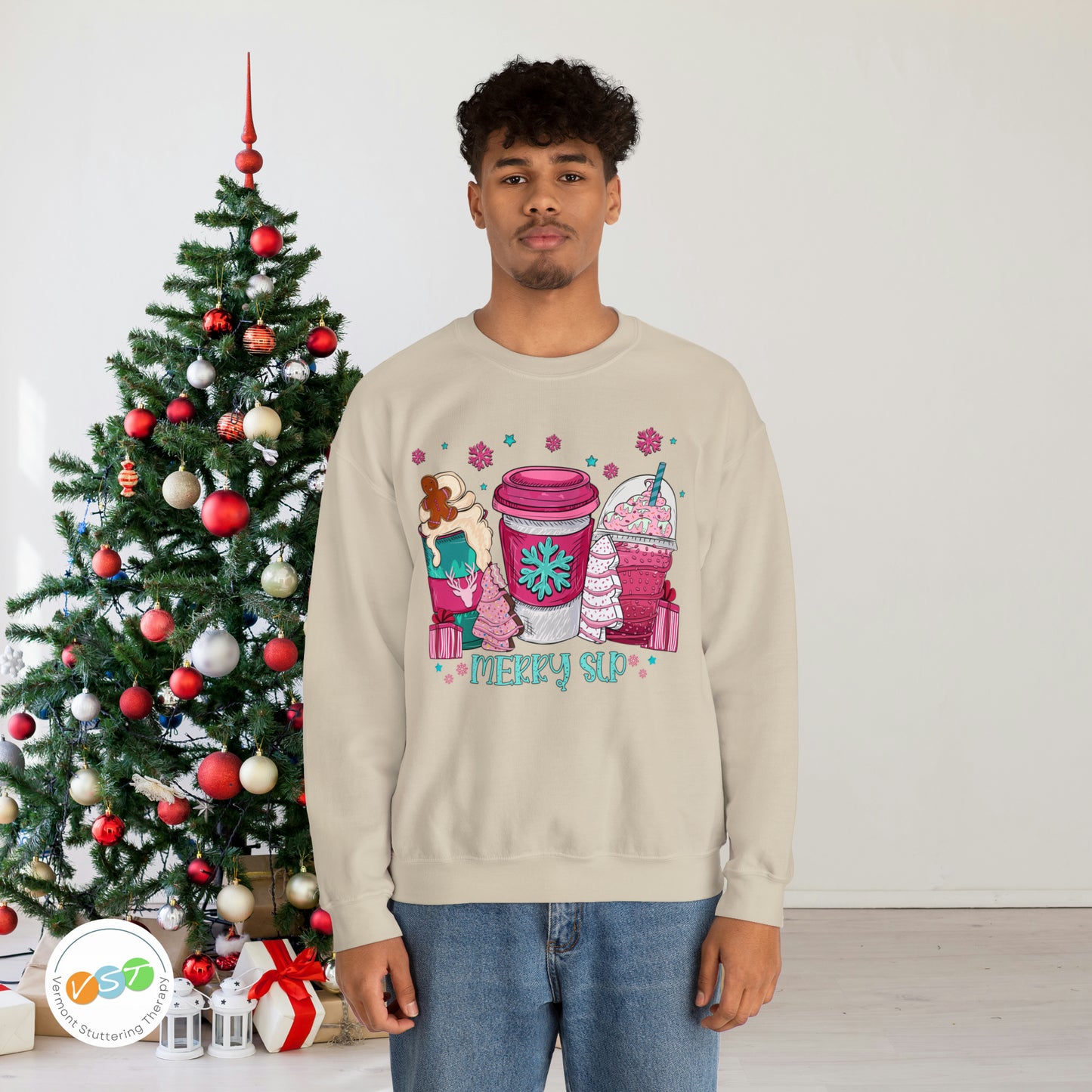 Merry SLP Pink and Blue Coffee Cup Christmas Sweatshirt