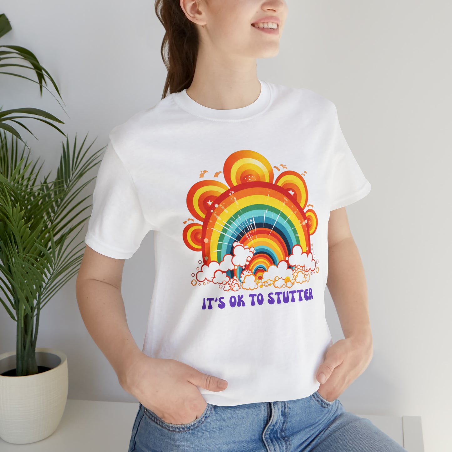 It's OK to Stutter 70s Groovy Rainbow T-shirt