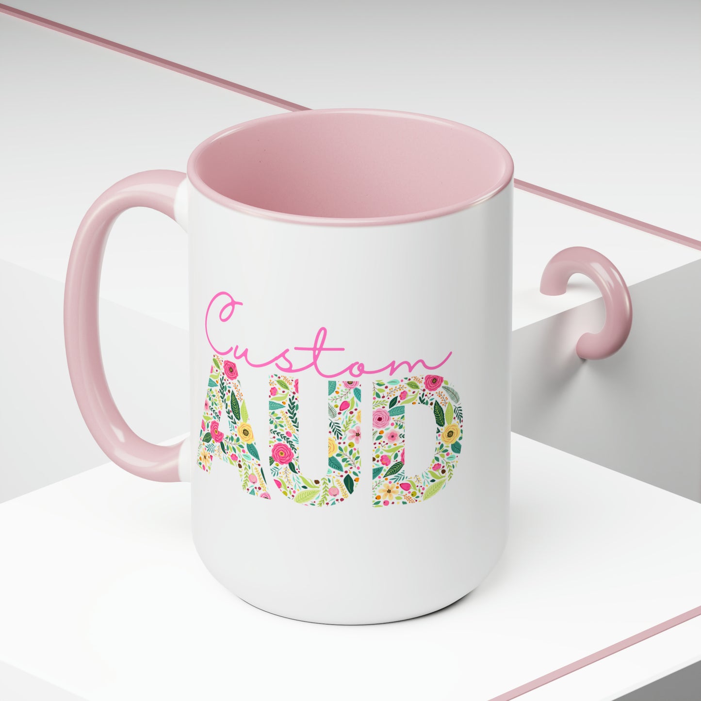 Custom Name Floral AUD Two-Tone Mug Gift, 15 oz.