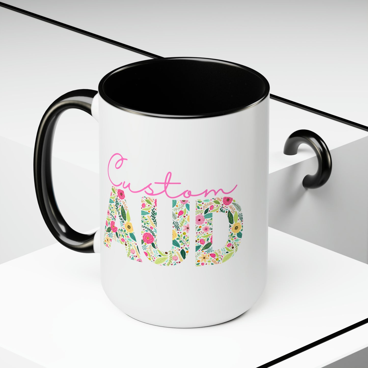 Custom Name Floral AUD Two-Tone Mug Gift, 15 oz.