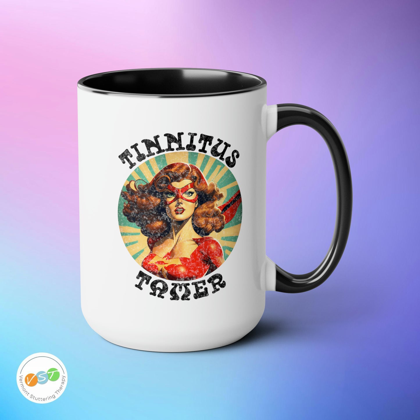 Tinnitus Tamer Pulp Art Superhero Audiologist Mug, 15 oz