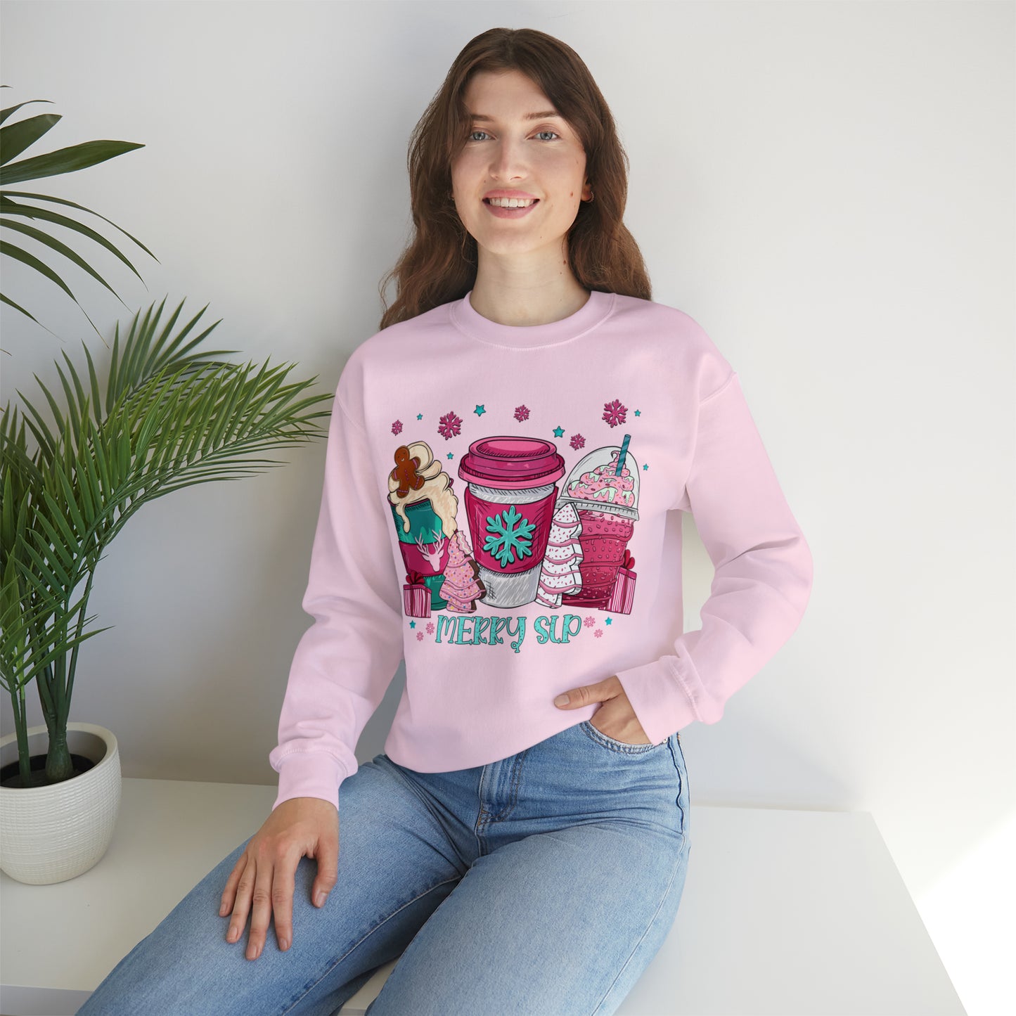 Merry SLP Pink and Blue Coffee Cup Christmas Sweatshirt