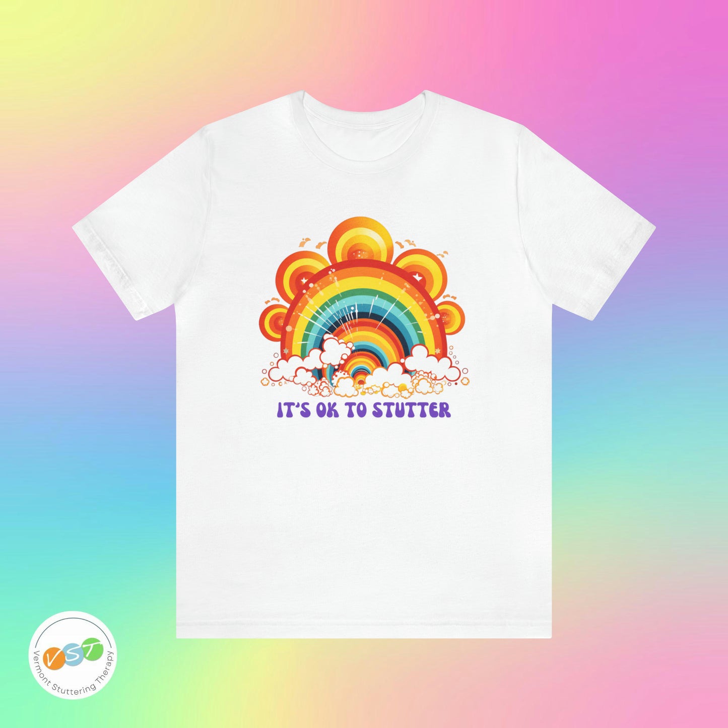 It's OK to Stutter 70s Groovy Rainbow T-shirt