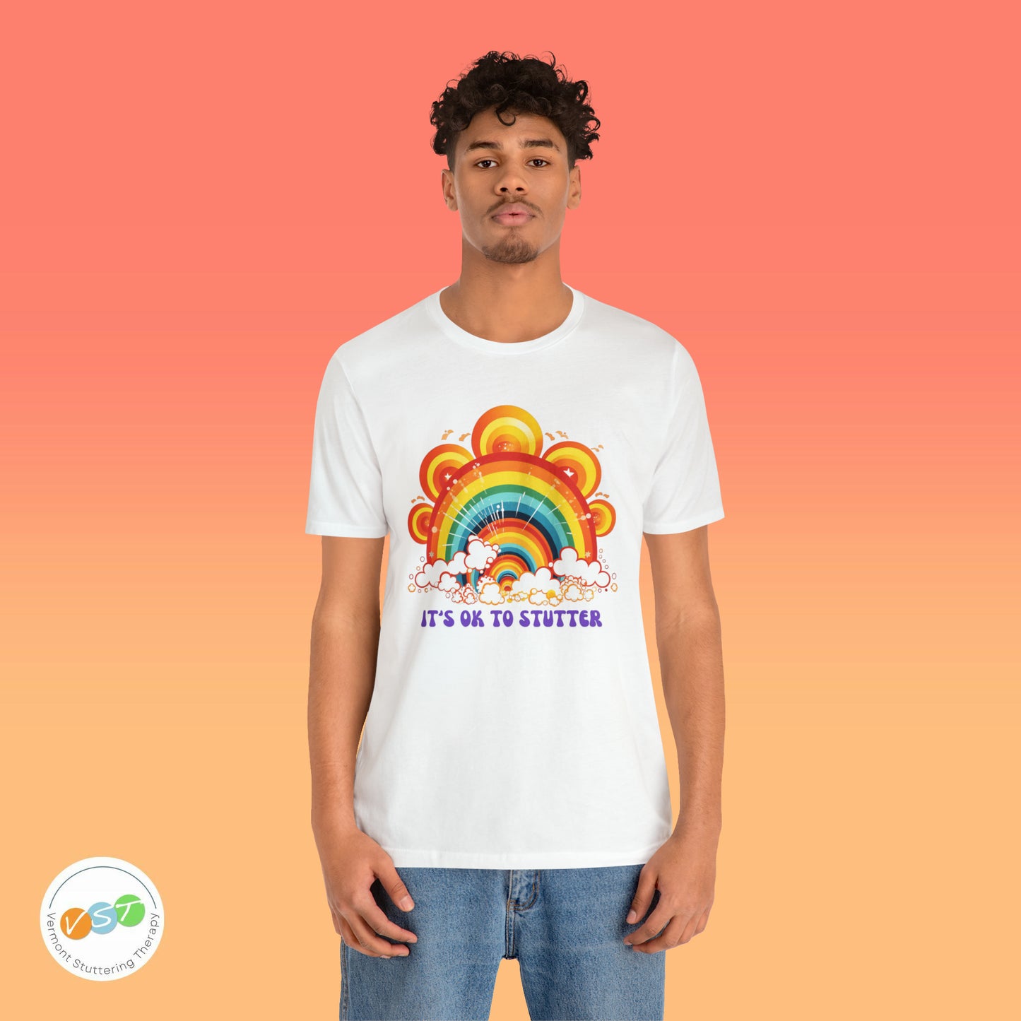 It's OK to Stutter 70s Groovy Rainbow T-shirt