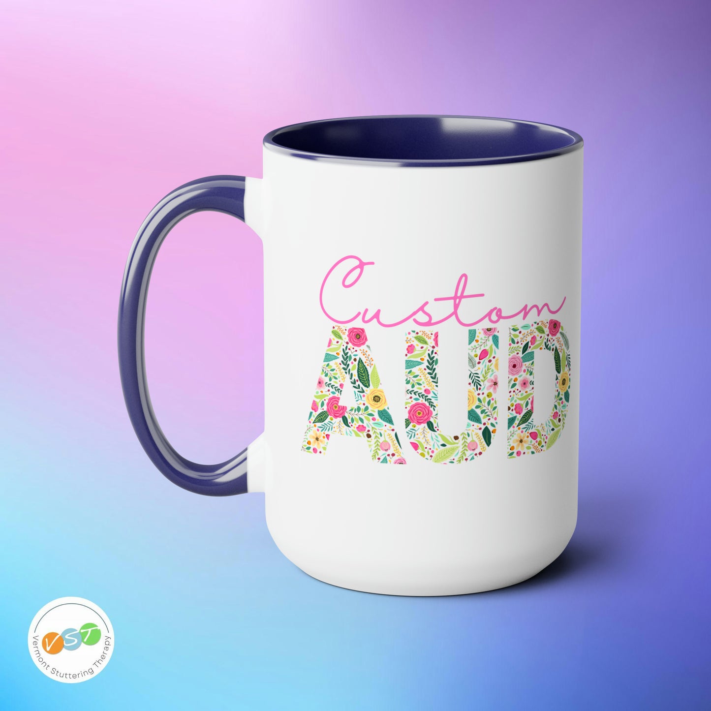 Custom Name Floral AUD Two-Tone Mug Gift, 15 oz.