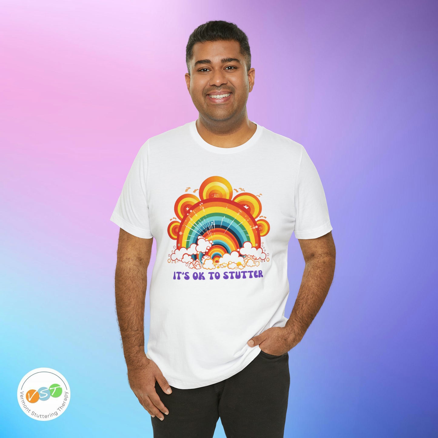 It's OK to Stutter 70s Groovy Rainbow T-shirt