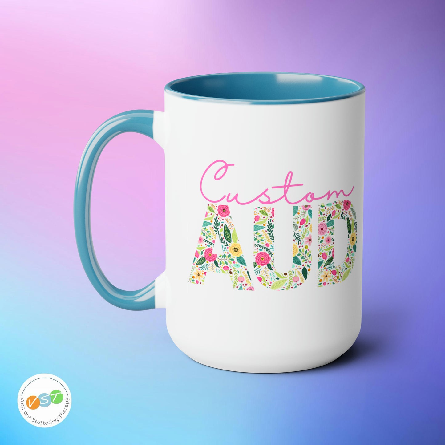 Custom Name Floral AUD Two-Tone Mug Gift, 15 oz.