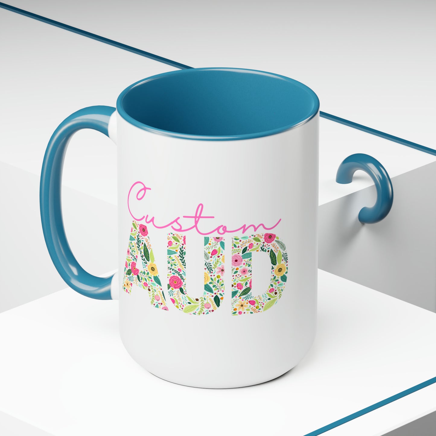 Custom Name Floral AUD Two-Tone Mug Gift, 15 oz.