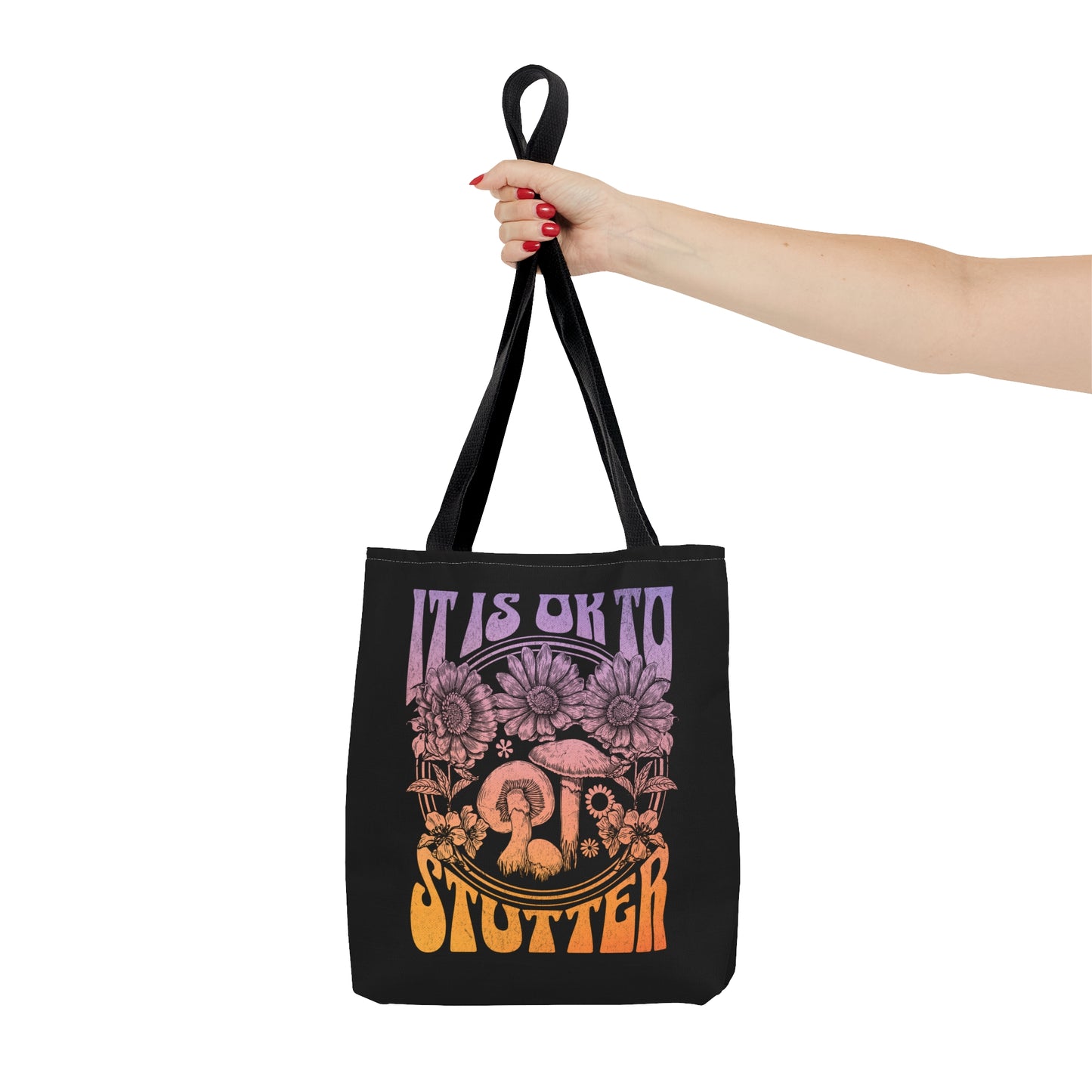 "It's OK to Stutter" Tote Bag Groovy Mushroom Retro Gift