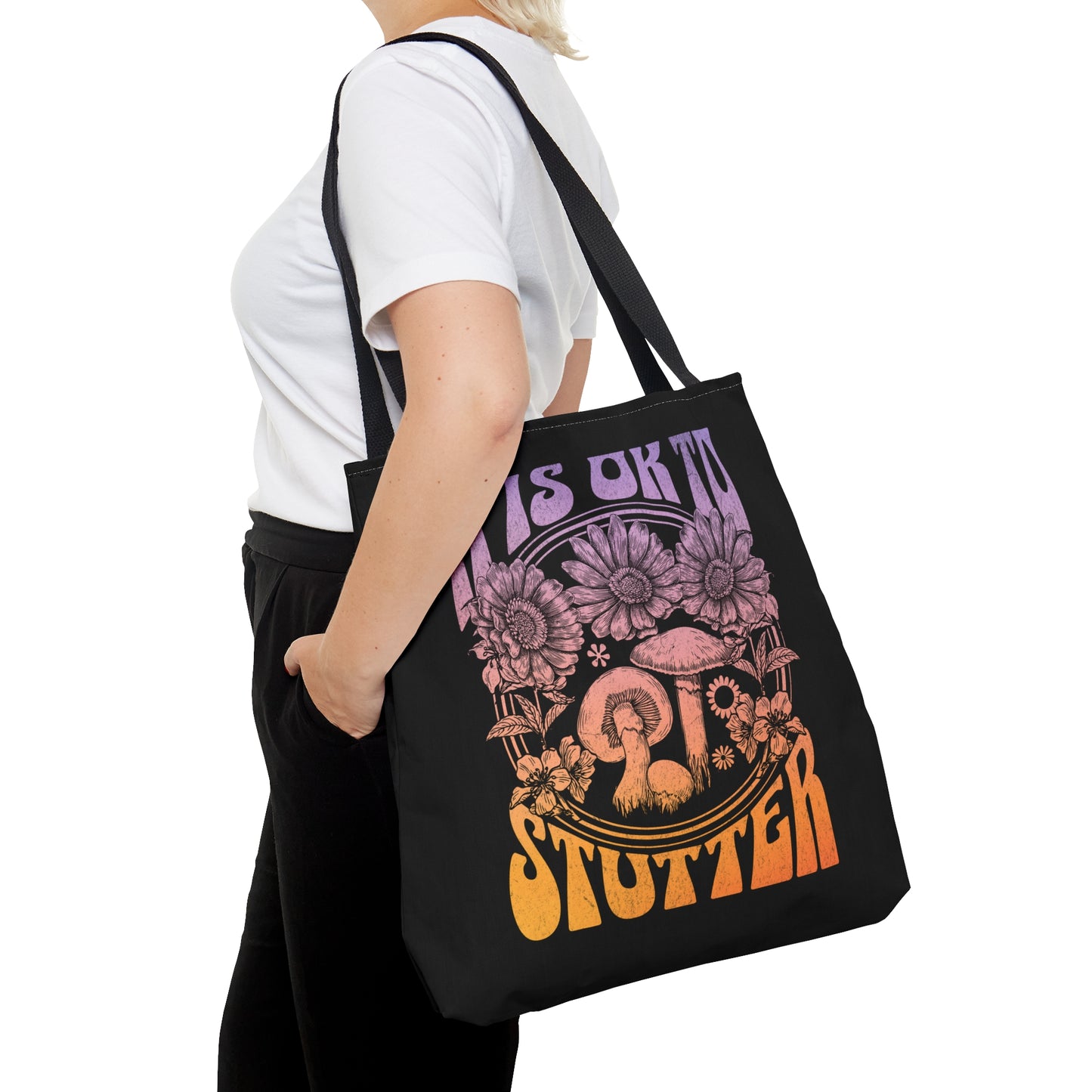 "It's OK to Stutter" Tote Bag Groovy Mushroom Retro Gift