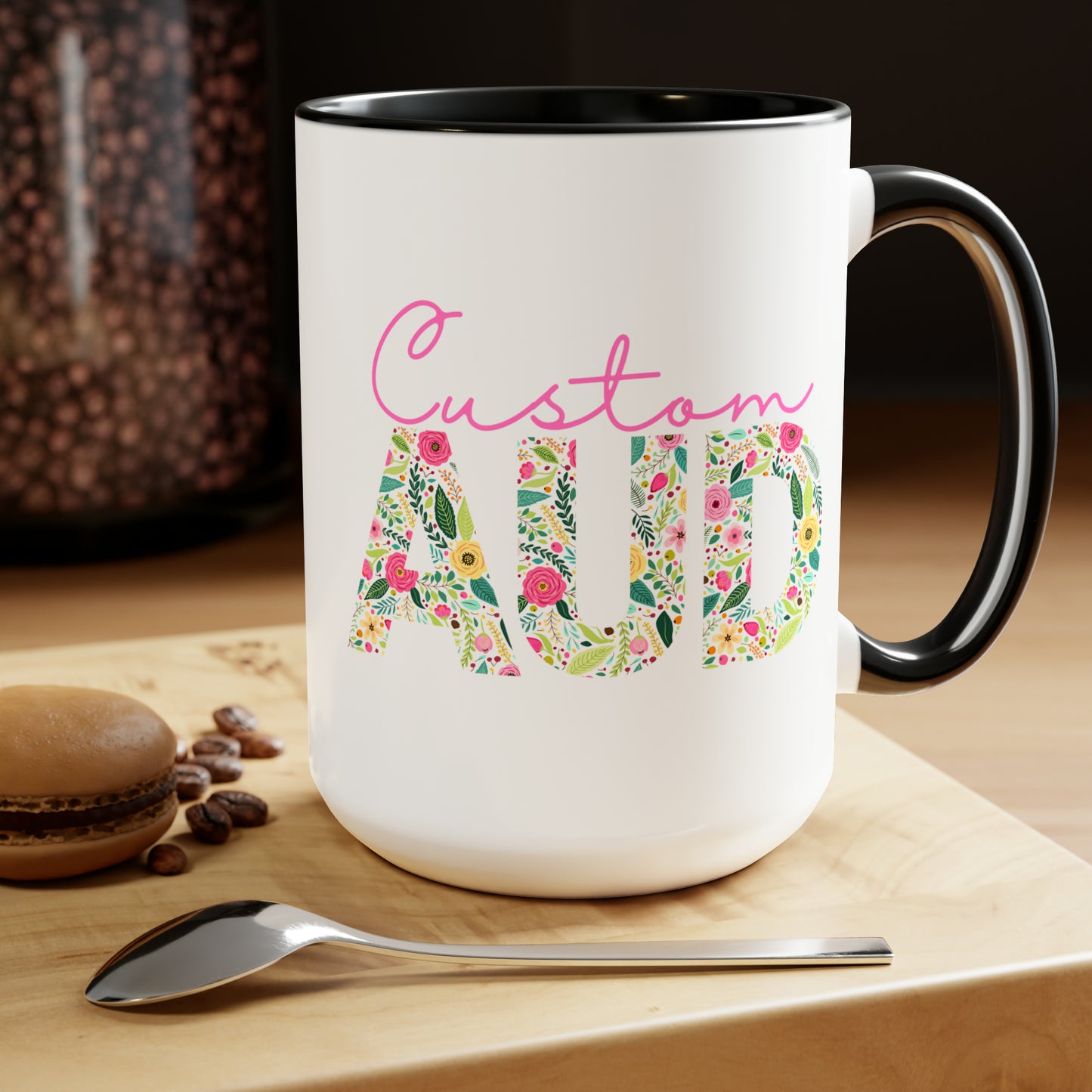 Custom Name Floral AUD Two-Tone Mug Gift, 15 oz.