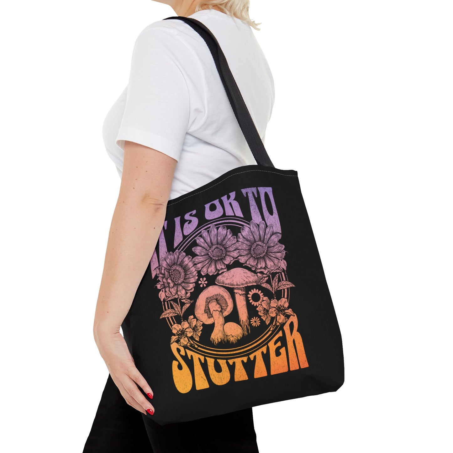 "It's OK to Stutter" Tote Bag Groovy Mushroom Retro Gift