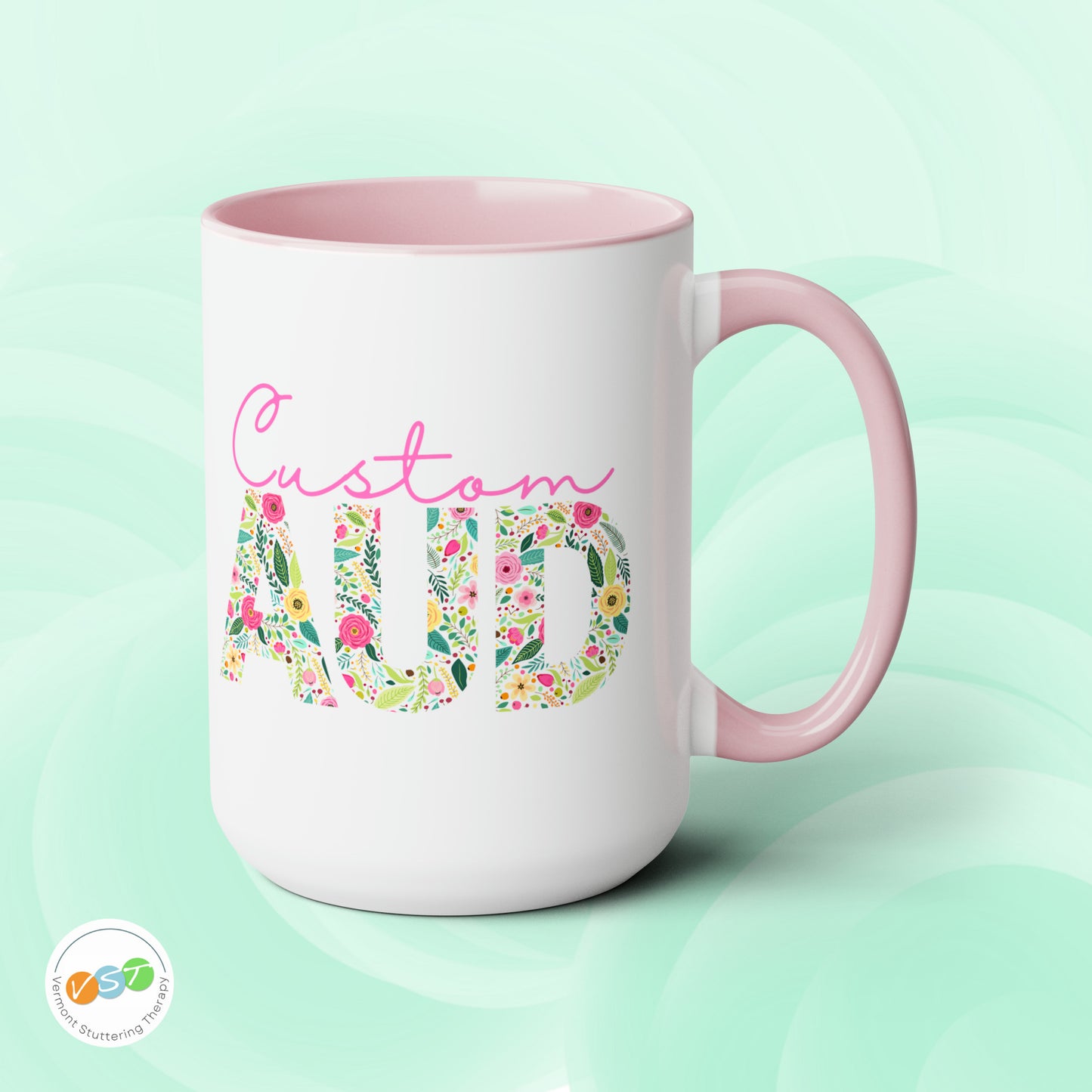 Custom Name Floral AUD Two-Tone Mug Gift, 15 oz.