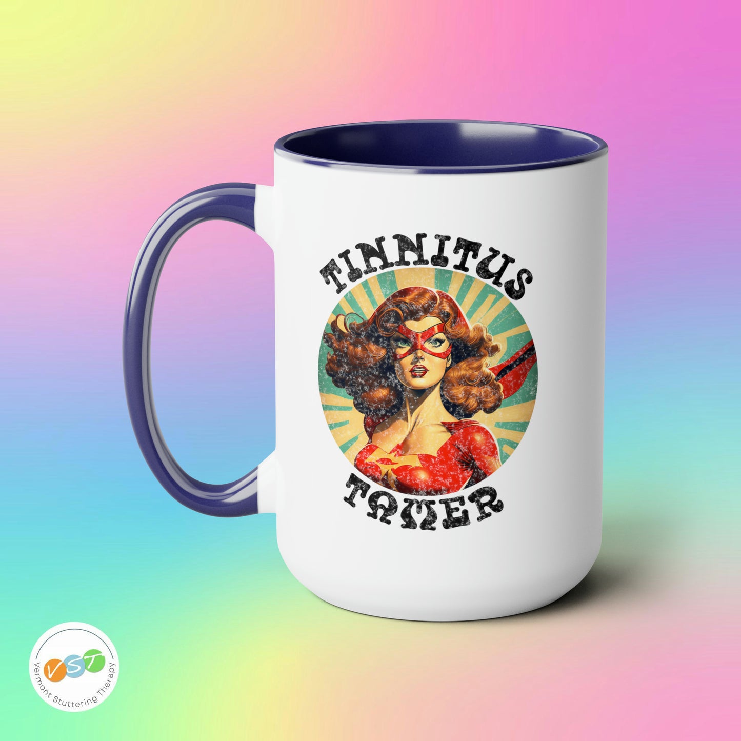 Tinnitus Tamer Pulp Art Superhero Audiologist Mug, 15 oz