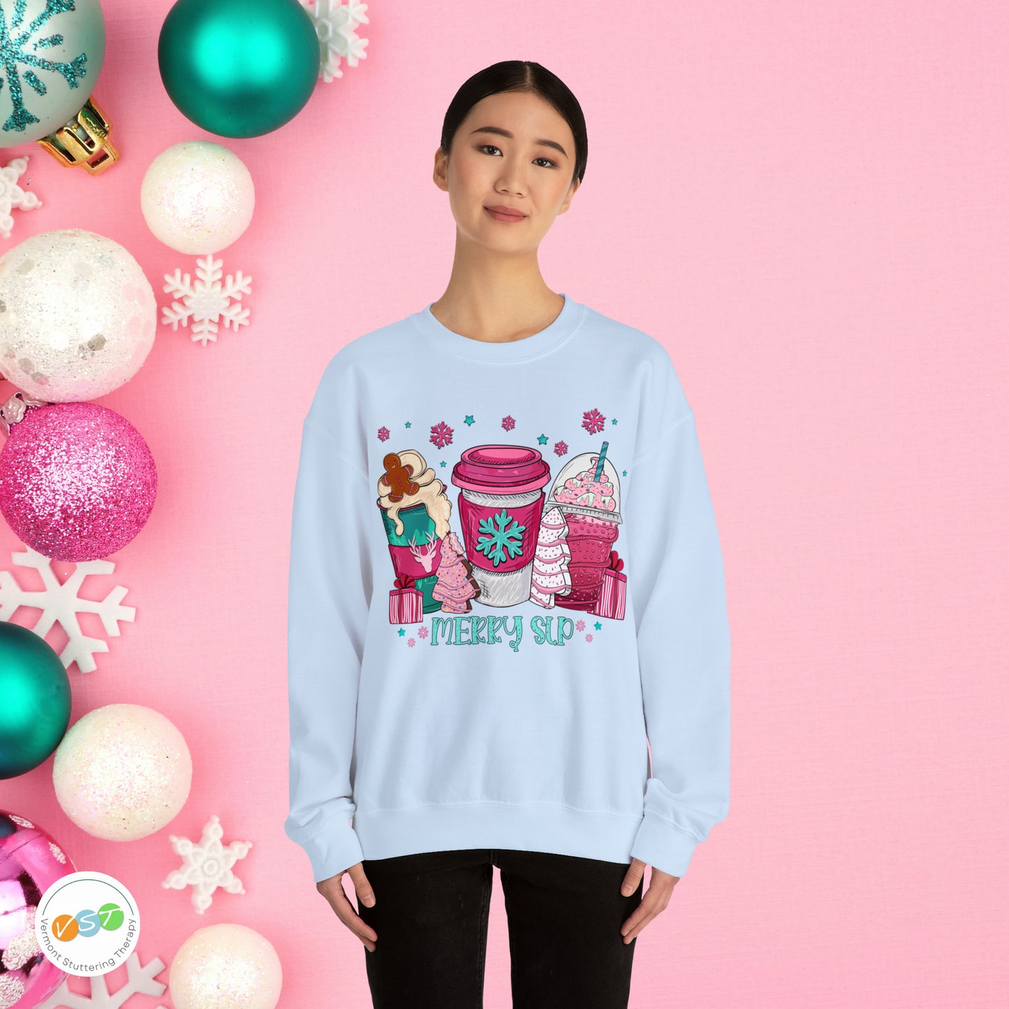 Merry SLP Pink and Blue Coffee Cup Christmas Sweatshirt