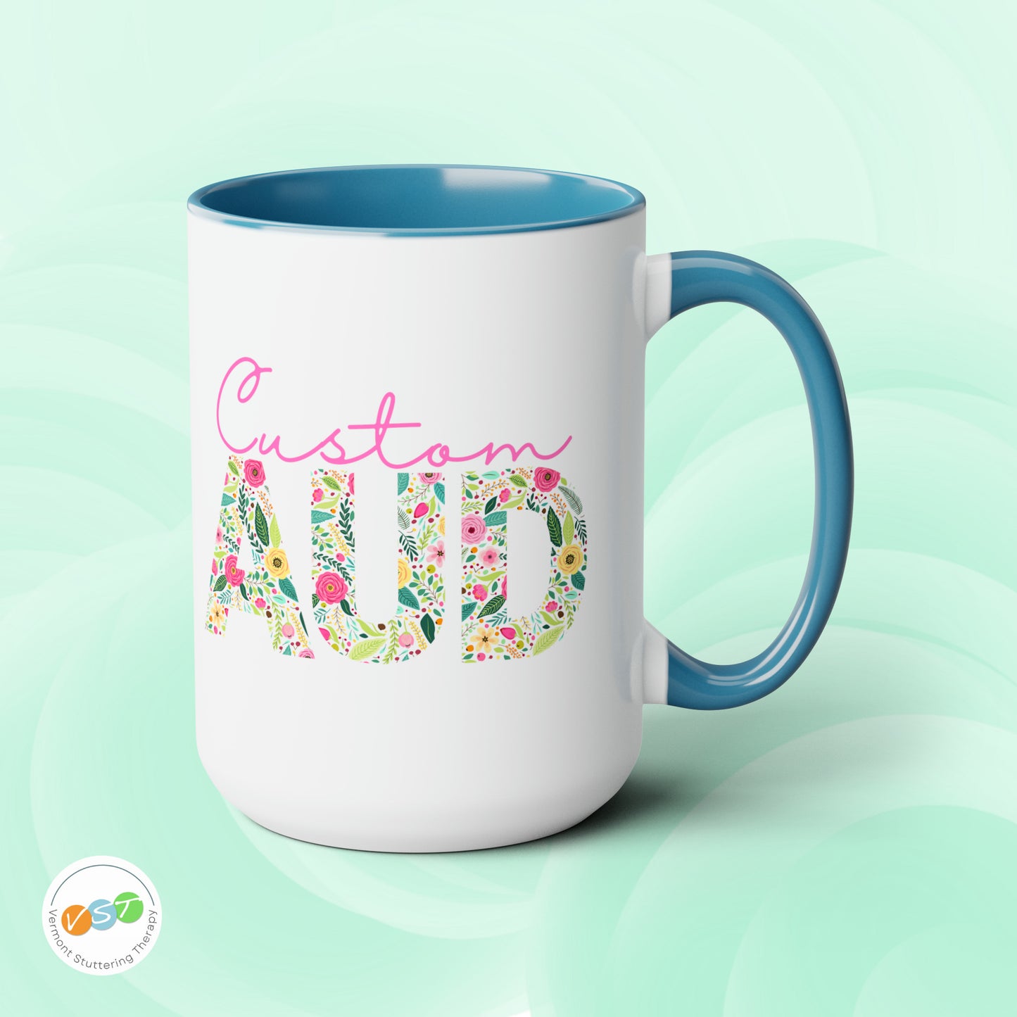 Custom Name Floral AUD Two-Tone Mug Gift, 15 oz.