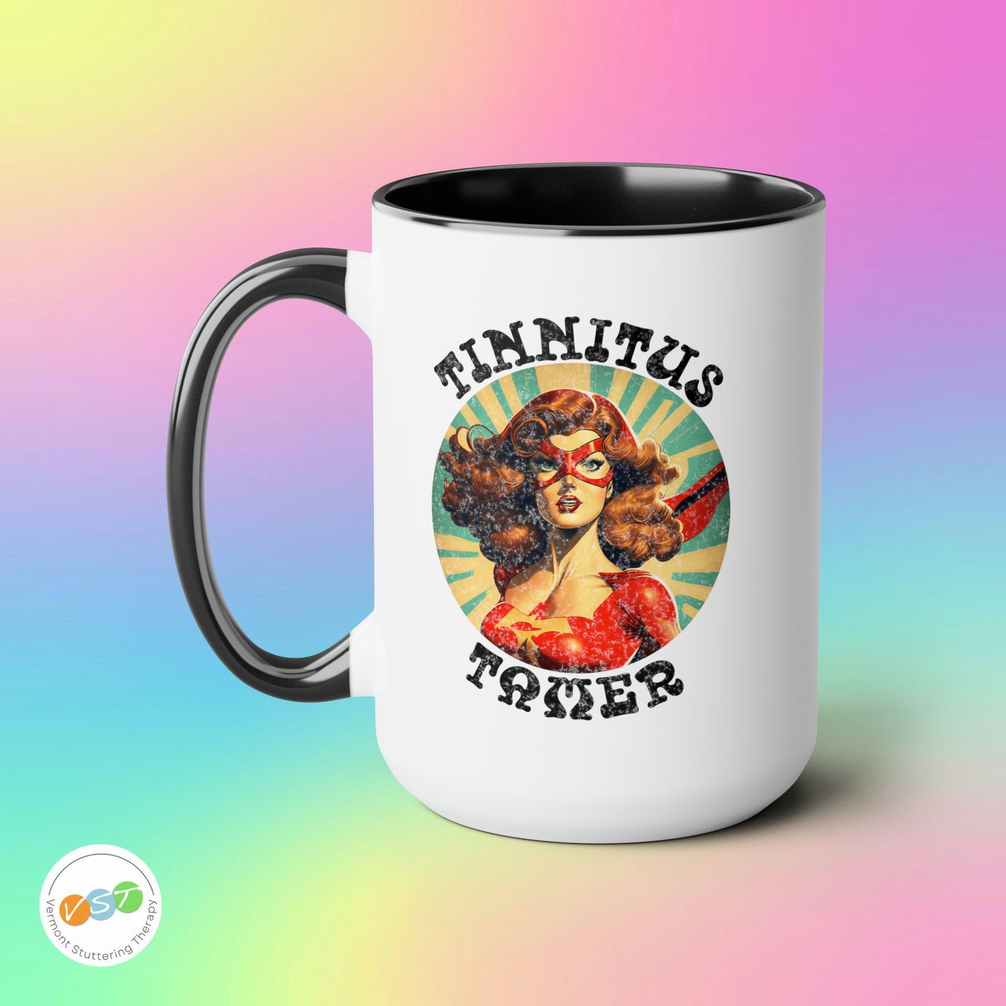 Tinnitus Tamer Pulp Art Superhero Audiologist Mug, 15 oz