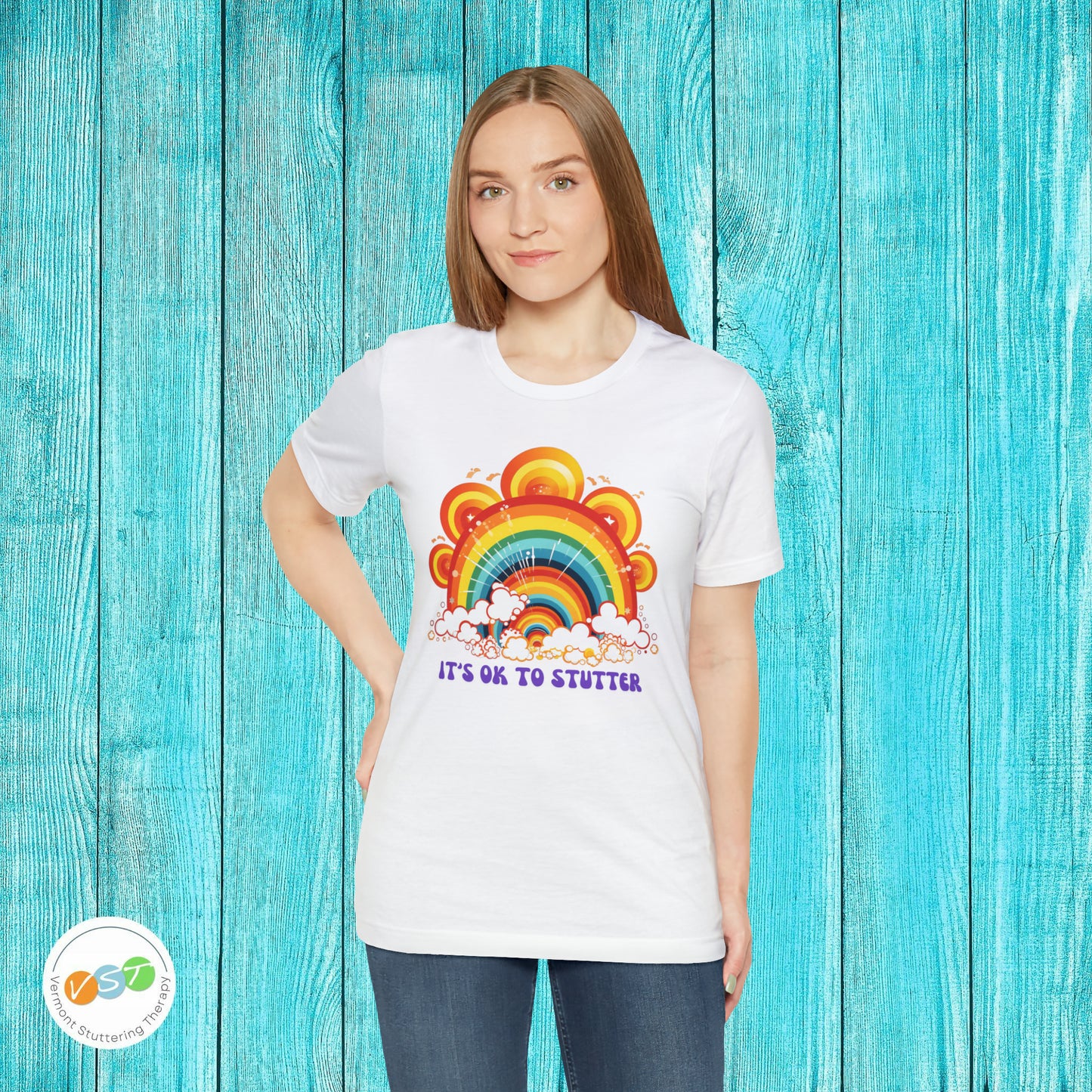 It's OK to Stutter 70s Groovy Rainbow T-shirt