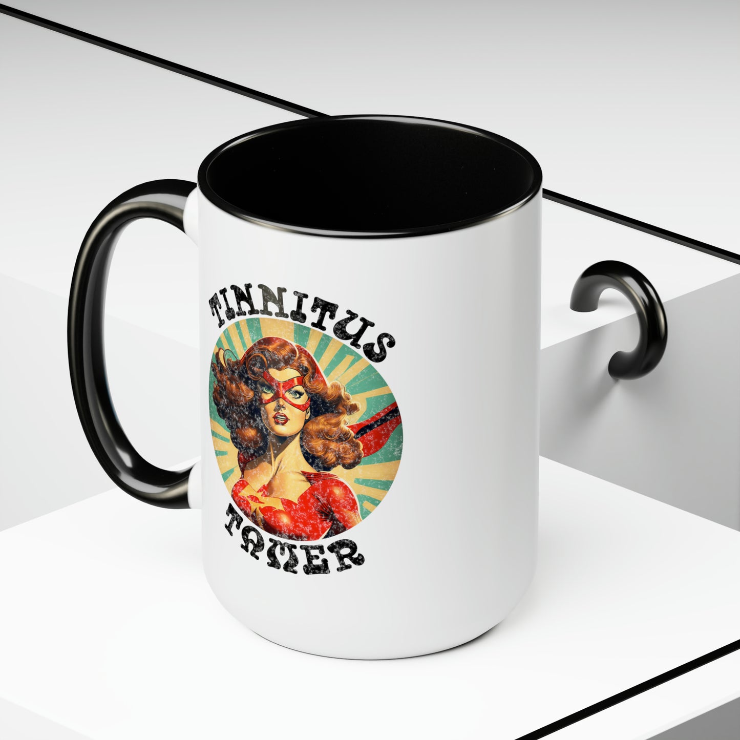 Tinnitus Tamer Pulp Art Superhero Audiologist Mug, 15 oz