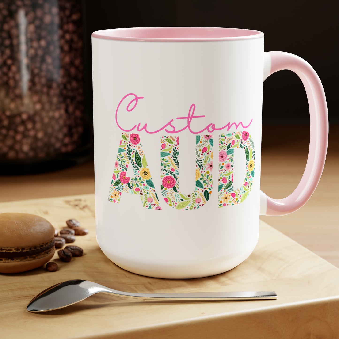 Custom Name Floral AUD Two-Tone Mug Gift, 15 oz.