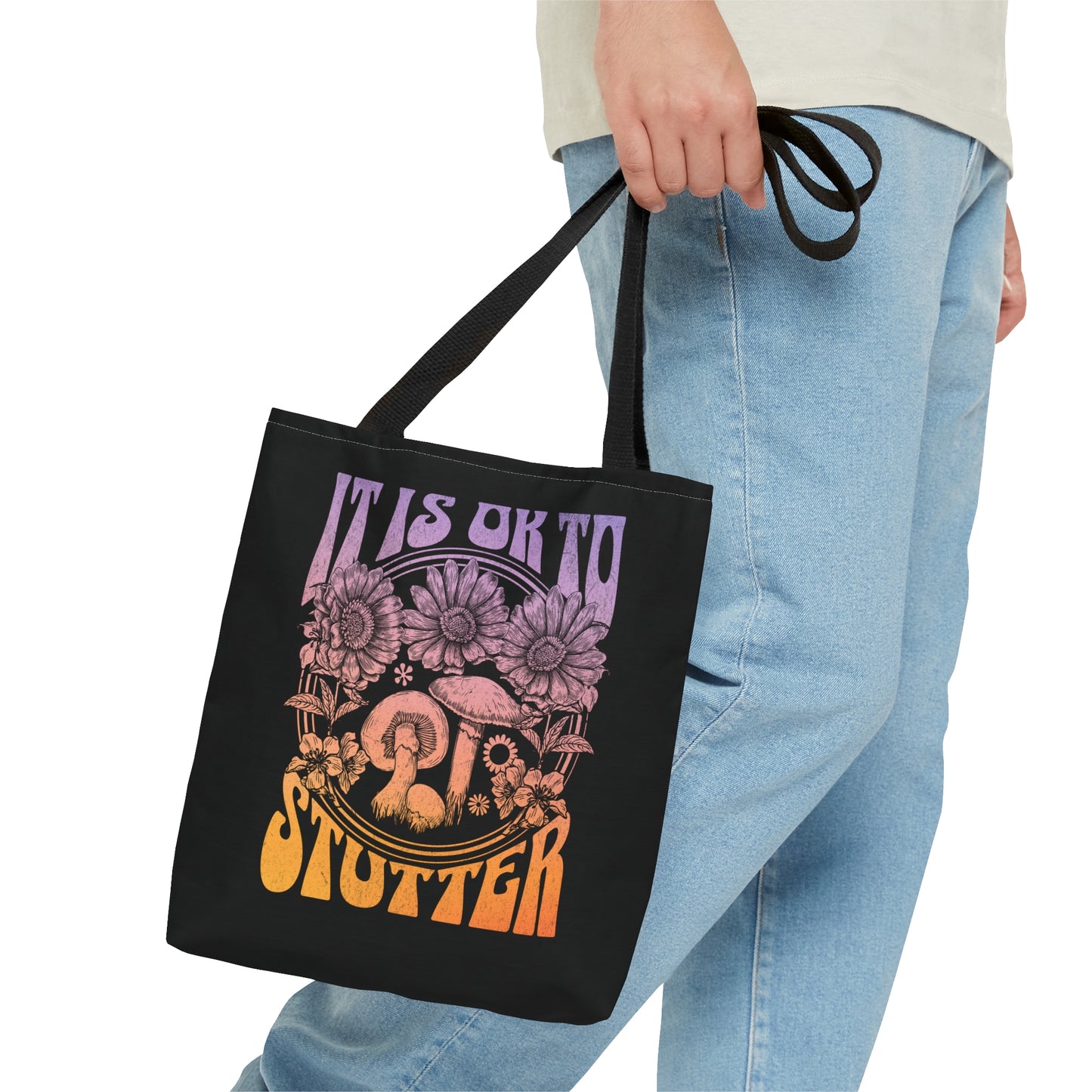 "It's OK to Stutter" Tote Bag Groovy Mushroom Retro Gift